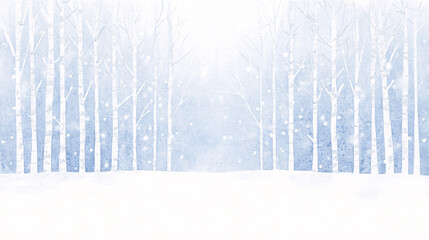 A January winter watercolor featuring a snow covered forest path, framed by tall, frosted trees. The brushstrokes capture the crispness of the season, with soft grays and whites blending seamlessly