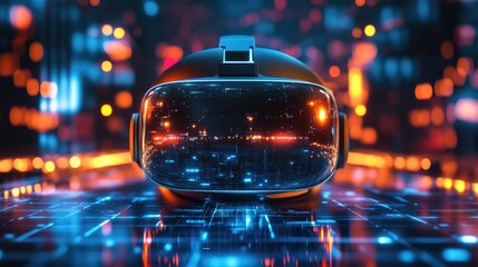 Virtual Reality Headset in Futuristic Cityscape