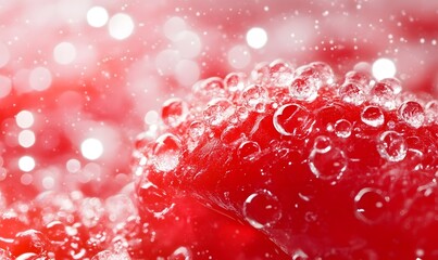 Close-up of a wet, red raspberry with water droplets, bokeh background.