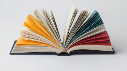 A vibrant open book with colorful pages, showcasing an artistic arrangement of different hues and textures.