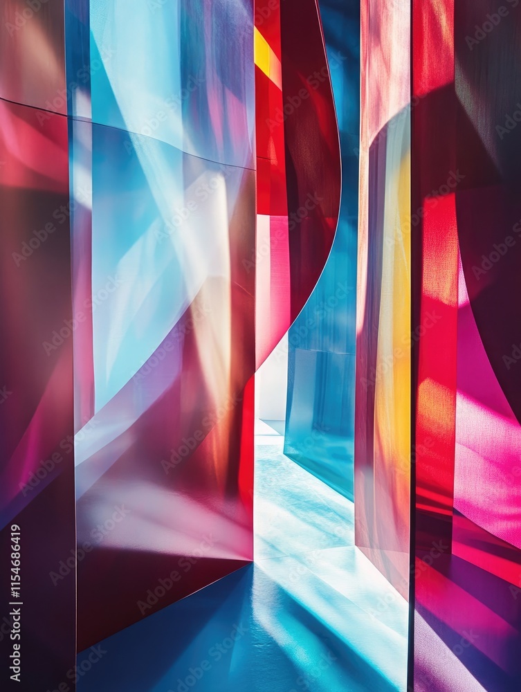 Poster a vibrant interplay of light and color through translucent panels, creating an immersive space.