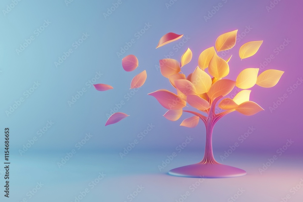 Poster dynamic tree with falling leaves abstract space 3d illustration colorful environment artistic viewpo