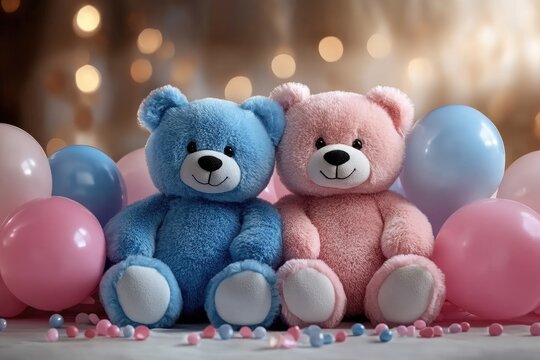 Gender party, pink and blue decorations, a lively celebration filled with happiness and the anticipation of discovering whether a boy or girl, bringing loved ones together in excitement.