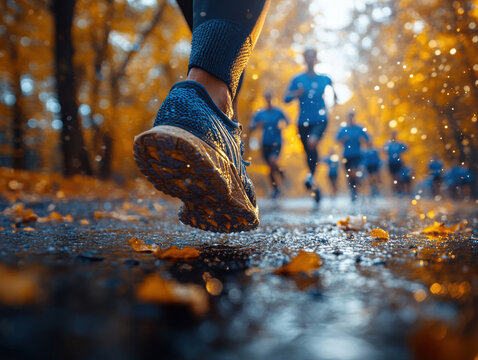 Close up of runner shoe during charity run in vibrant autumn forest - Powered by Adobe