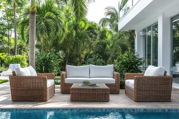 4-seater outdoor garden furniture set with white cushions, rattan and steel frame, in front of pool near Miami beach house.