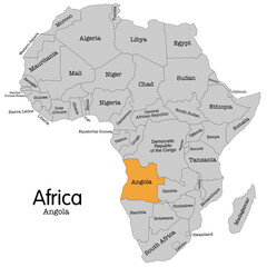 High-quality vector map of Africa with Angola highlighted. Perfect for educational resources, travel guides, geographical publications, and presentations. Editable vector file for easy customization.
