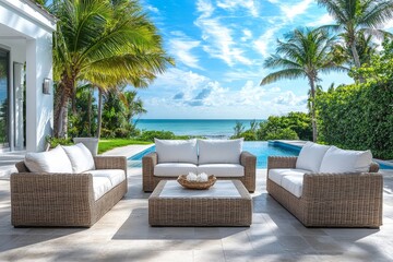 Fototapeta premium 4-seater outdoor garden furniture set with white cushions, rattan and steel frame, in front of pool near Miami beach house.