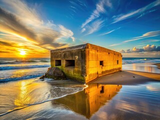 Campo Soto Beach, Cádiz: Andalusian coastal bunker silhouettes against a breathtaking sunset, San Fernando's fiery sky.