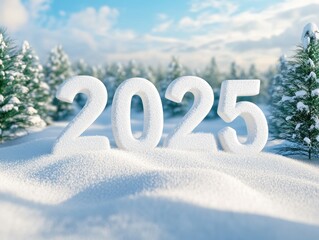 Snowy landscape with 3D snow-covered "2025" in center, pine trees under blue sky. Shadow by sunlight for warm contrast, festive for New Year's Day or Christmas, symbolizing winter wonderland.