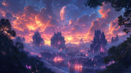 A fantastical landscape with glowing castles under a vibrant sky and a large moon.
