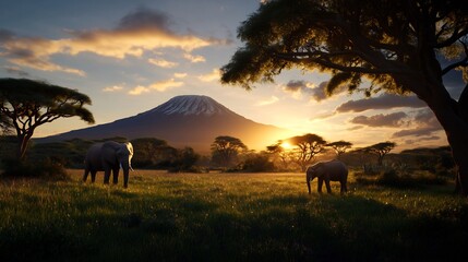 Naklejka premium African Sunset Landscape with Elephants and Mountain