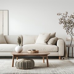 Modern bright interiors with blue sofa and coffee table