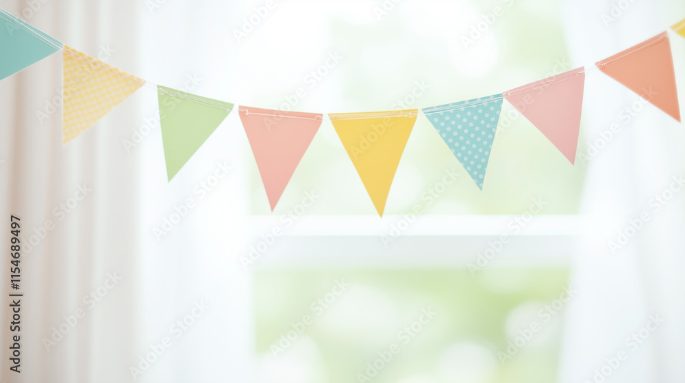 Poster pastel party bunting: a cheerful string of pastel-colored triangular bunting hangs in a bright windo