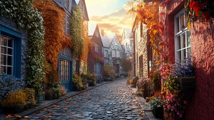 Fototapeta premium Autumnal Charm: A Picturesque Cobblestone Street
