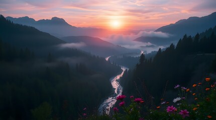 Spring Forest Mountain River in Sunset