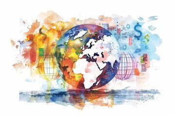 Naklejka premium Watercolor Illustration of a Globe with Financial Symbols