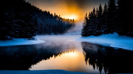 Fototapeta premium Majestic Winter Sunrise over a Serene Frozen Lake, Mirrored Beauty