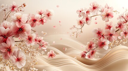 A calming beige and pink background featuring sakura petals and flowing golden waves