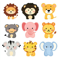 Fototapeta premium Cute Cartoon Animal Characters Including Lion, Tiger, Elephant, and Monkey in a Fun and Colorful Digital Art Design for Children’s Products and Decor