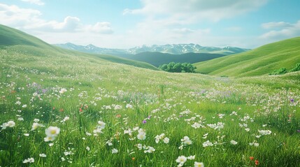 Obraz premium Lush Green Meadow With Wildflowers And Rolling Hills Under Blue Sky