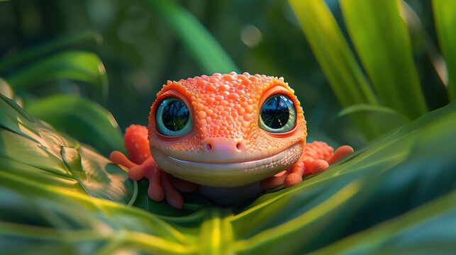 Cute orange gecko in lush green leaves.
