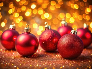 Fototapeta premium Festive red Christmas bokeh: blurred lights and sparkling ornaments create a dazzling holiday scene.