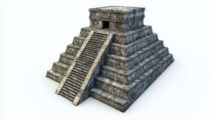 Mayan pyramid model, stone structure, ancient architecture, isolated on white.