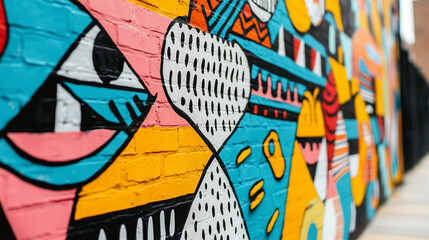 Naklejka premium Vibrant street art on a brick wall in an urban area