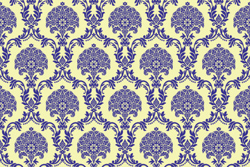 seamless pattern traditional Thai art dark blue colored in damask style motifs suitable for wallpaper, curtain, cloth, tiles, blanket and fabric design isolated illustration vector.
