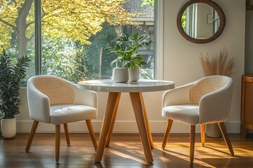 Fototapeta premium Dining table with two chairs and an armchair, featuring a round white ceramic-top table with rattan accents. Natural light, small plant, and mirror add modern decor.