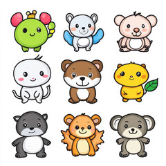 Obraz premium Cute and Colorful Cartoon Animals Collection Featuring Adorable Characters Perfect for Kids' Crafts, Stickers, and Educational Materials