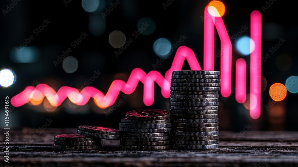 Aufkleber coin stacks with a decreasing graph in the background.