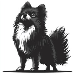 Black and white Pomeranian dog looking upwards.