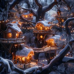 Obraz premium Cozy Snowy Treehouse Village Perched Among Frosty Trees at Night