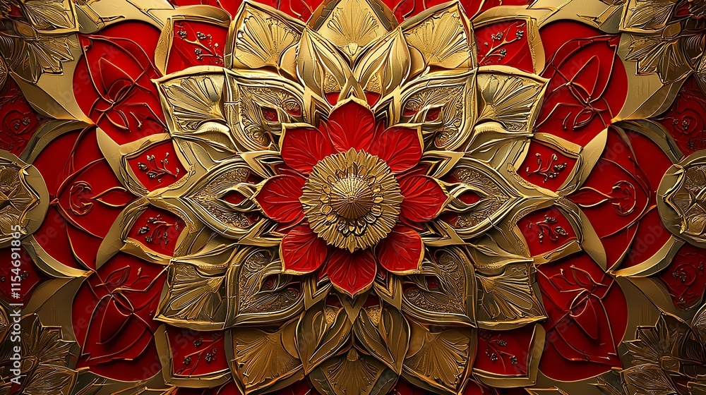 Poster a traditional golden and red layered background with sharp geometric shapes and floral patterns