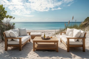 Four-piece outdoor furniture set with teak wood table, two armchairs, and a bench, featuring white cushions. Serene coastal setting by the sea with clear skies and sandy beach.