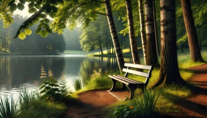 A quiet park bench by a peaceful lake surrounded by tall trees and nature
