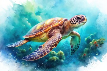 Isolated big turtle painting, vibrant ocean wildlife art captures coastal beauty.