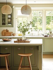 Olive green kitchen island with wooden stools and pendant lights