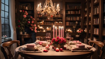 A cozy library with a table set for a romantic Valentine&rsquo;s dinner, holiday promo poster banner background, vibrant colors