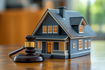 Gavel and house model on the table, symbolizing real estate law and home ownership, with soft-focus and cinematic lighting.