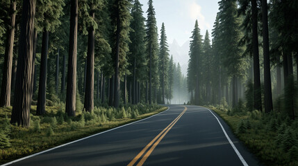 Scenic road winding through a dense pine forest with sunlight
