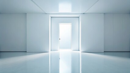 Modern white architecture, clean lines, an open doorway captured in a high-resolution aerial drone shot.