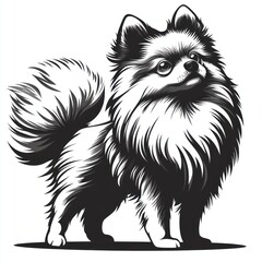Cute Pomeranian dog illustration in black and white.