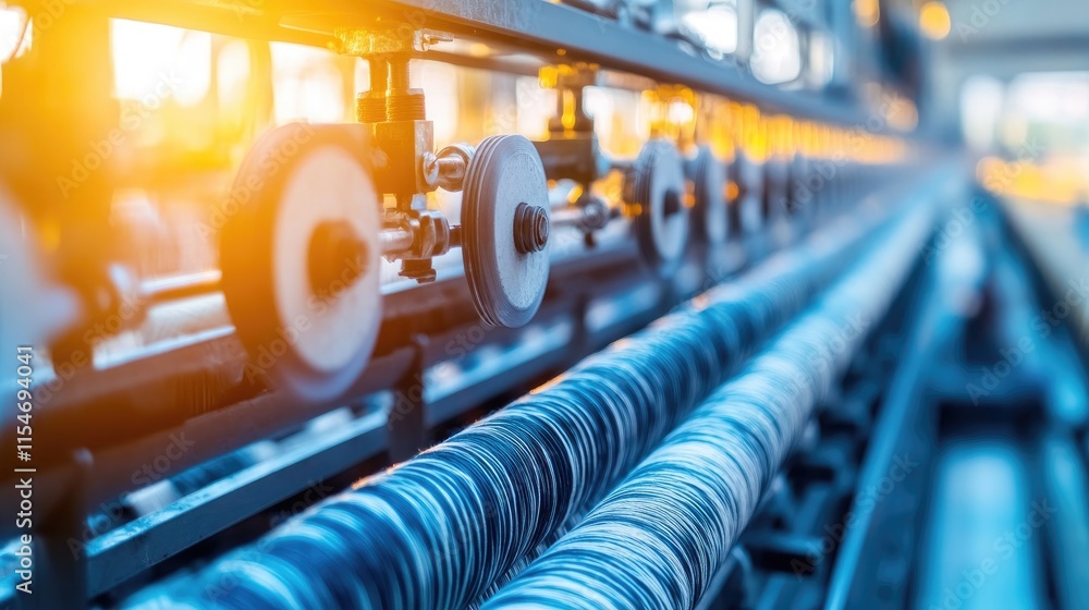 Poster a close-up of industrial machinery with spools and rollers in a factory setting.