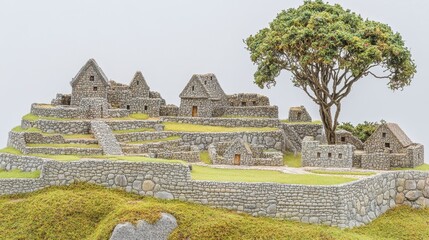 Miniature model of ancient stone village with tree.