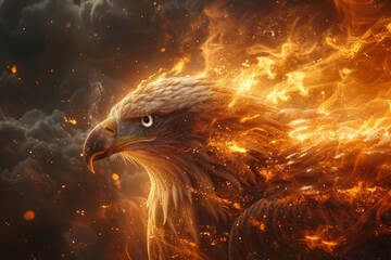A bald eagle soaring in the sky with its wings spread wide, showcasing its sharp beak, yellow eyes, and detailed feathers against a bright sunlit background, symbolizing strength and freedom