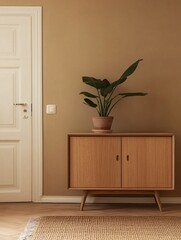 Mid century modern sideboard with plant in room