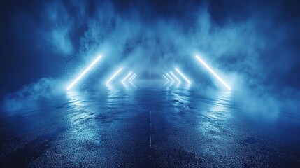Foggy Night Street with Wet Asphalt under Illuminated Lights