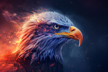 A bald eagle soaring in the sky with its wings spread wide, showcasing its sharp beak, yellow eyes, and detailed feathers against a bright sunlit background, symbolizing strength and freedom